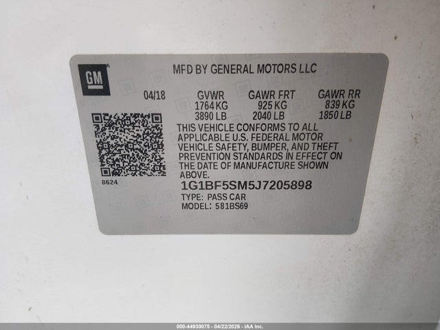 Aukcja sprzedaży 2018 Chevrolet Cruze Premier Auto, vin: 1G1BF5SM5J7205898, numer aukcji: 44930075