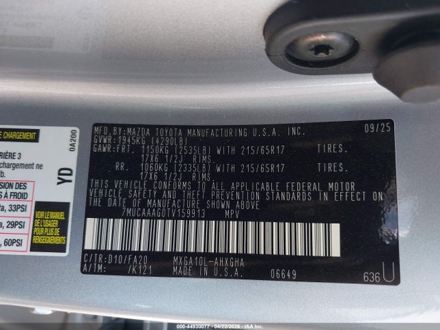 Aukcja sprzedaży 2026 Toyota Corolla Cross Le, vin: 7MUCAAAG0TV159913, numer aukcji: 44930077
