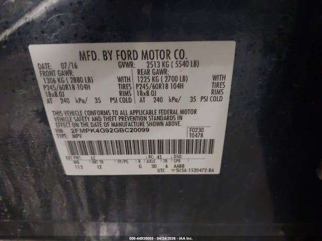 44930085 :رقم المزاد ، 2FMPK4G92GBC20099 vin ، 2016 Ford Edge Se مزاد بيع