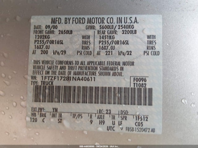Продажа на аукционе авто 2001 Ford F-150 Xl/xlt, vin: 1FTZF17281NA40611, номер лота: 44930095