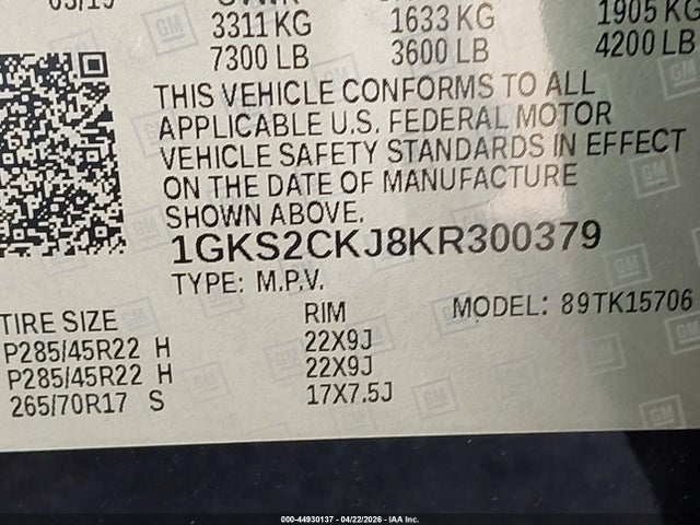 Продаж на аукціоні авто 2019 Gmc Yukon Denali, vin: 1GKS2CKJ8KR300379, номер лоту: 44930137