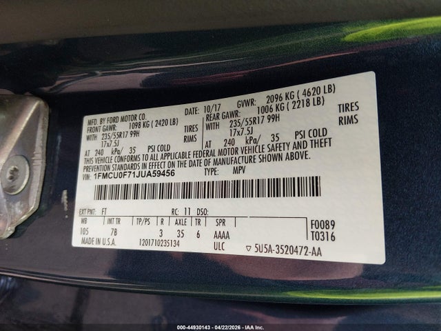 1FMCU0F71JUA59456 Ford ESCAPE S