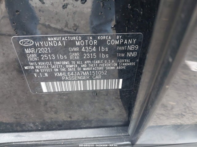 44930152 :رقم المزاد ، KMHL64JA7MA151052 vin ، 2021 Hyundai Sonata Sel مزاد بيع
