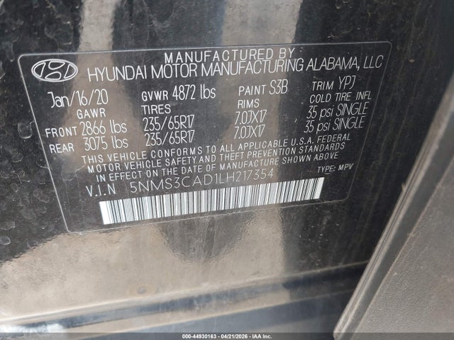 Hyundai Santa Fe Sel 2020 5NMS3CAD1LH217354 Image 9