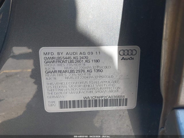 2012 Audi Q5 2.0t Premium მანქანა იყიდება აუქციონზე, vin: WA1CFAFP2CA036688, აუქციონის ნომერი: 44930165