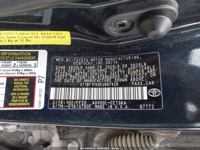 44930211 :رقم المزاد ، 4T1BF1FK9EU867429 vin ، 2014 Toyota Camry Se مزاد بيع