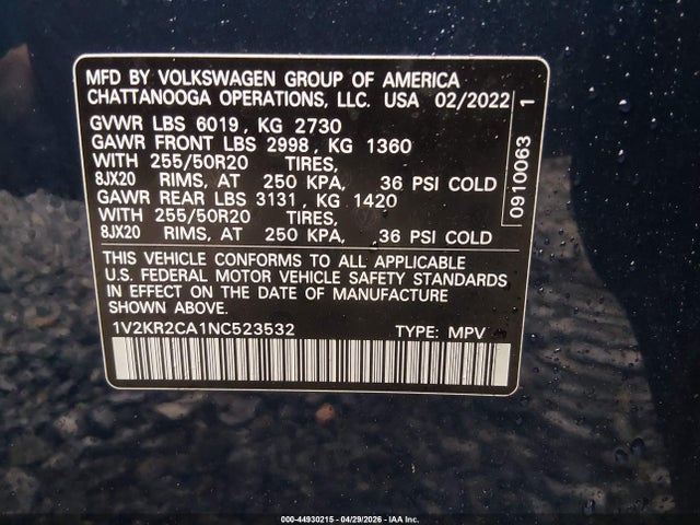 Aukcja sprzedaży 2022 Volkswagen Atlas 3.6l V6 Se W/technology, vin: 1V2KR2CA1NC523532, numer aukcji: 44930215