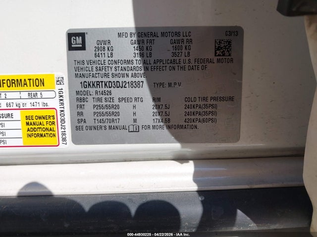 44930225 :رقم المزاد ، 1GKKRTKD3DJ218387 vin ، 2013 Gmc Acadia Denali مزاد بيع