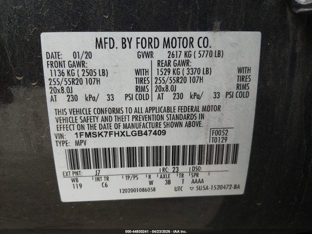 2020 Ford Explorer Limited მანქანა იყიდება აუქციონზე, vin: 1FMSK7FHXLGB47409, აუქციონის ნომერი: 44930241