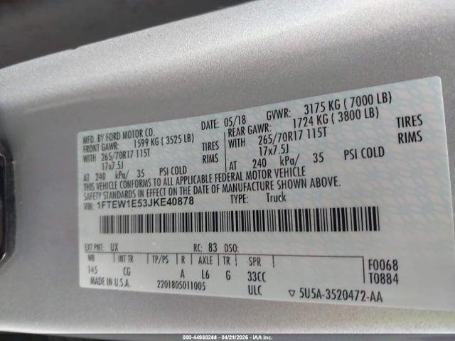 Ford F-150 Xl 2018 1FTEW1E53JKE40878 Image 9
