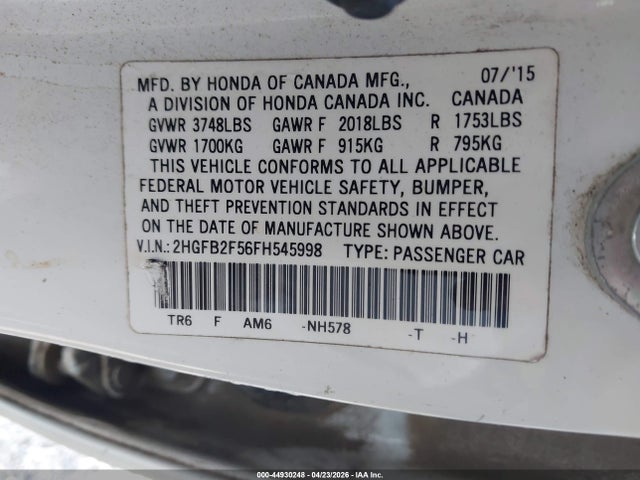 Aukcja sprzedaży 2015 Honda Civic Lx, vin: 2HGFB2F56FH545998, numer aukcji: 44930248