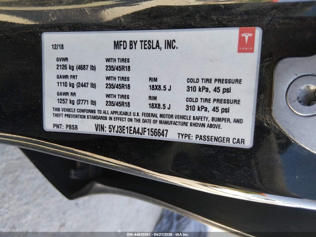 Продаж на аукціоні авто 2018 Tesla Model 3 Long Range/mid Range, vin: 5YJ3E1EA4JF156647, номер лоту: 44930261