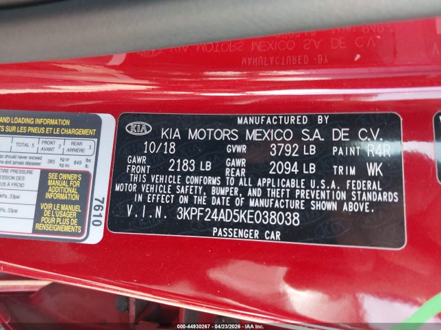 2019 Kia Forte Lxs მანქანა იყიდება აუქციონზე, vin: 3KPF24AD5KE038038, აუქციონის ნომერი: 44930267