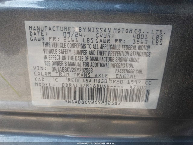 Aukcja sprzedaży 2025 Nissan Sentra Sv, vin: 3N1AB8CV2SY232583, numer aukcji: 44930277