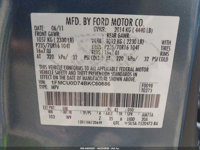 Продаж на аукціоні авто 2011 Ford Escape Xlt, vin: 1FMCU0D74BKC60686, номер лоту: 44930291