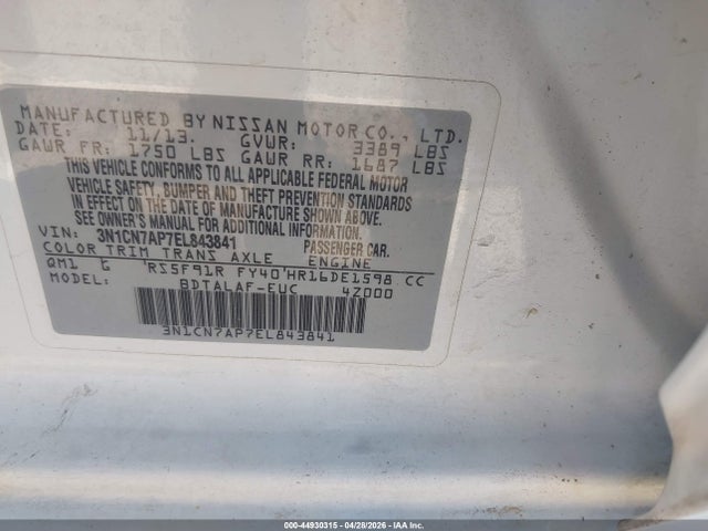 Nissan Versa 1.6 S 2014 3N1CN7AP7EL843841 Image 9