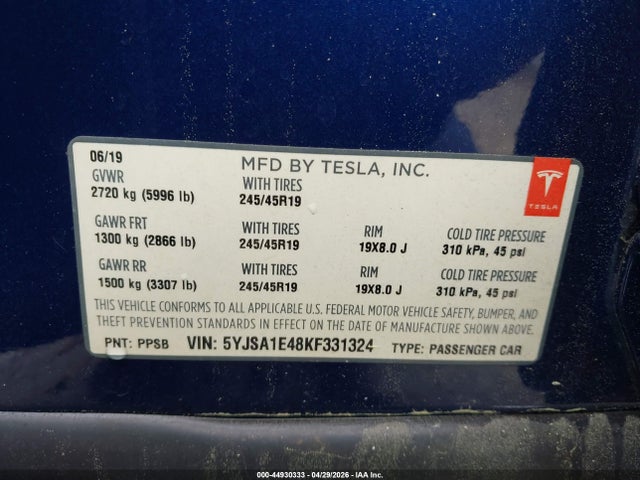 44930333 :رقم المزاد ، 5YJSA1E48KF331324 vin ، 2019 Tesla Model S 100d/long Range/p100d/performance مزاد بيع