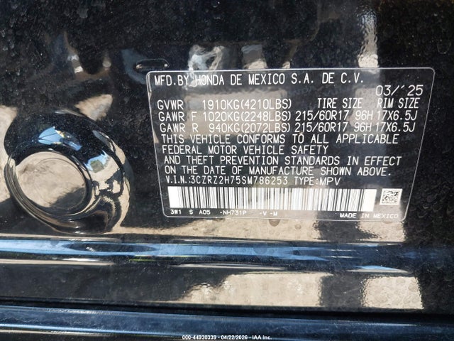 44930339 :رقم المزاد ، 3CZRZ2H75SM786253 vin ، 2025 Honda Hr-v Awd Ex-l مزاد بيع