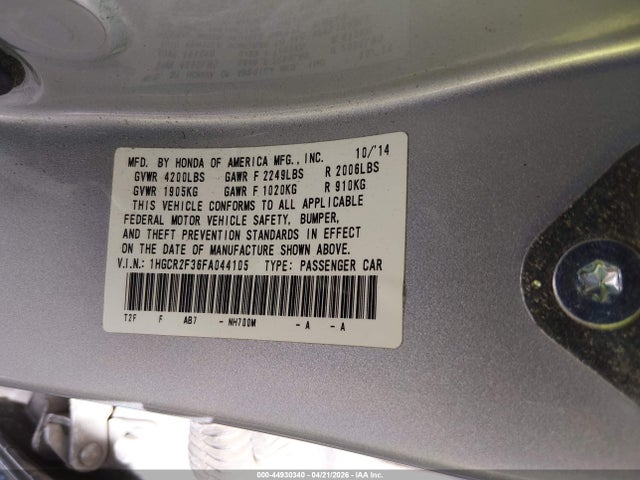 44930340 :رقم المزاد ، 1HGCR2F36FA044105 vin ، 2015 Honda Accord Lx مزاد بيع