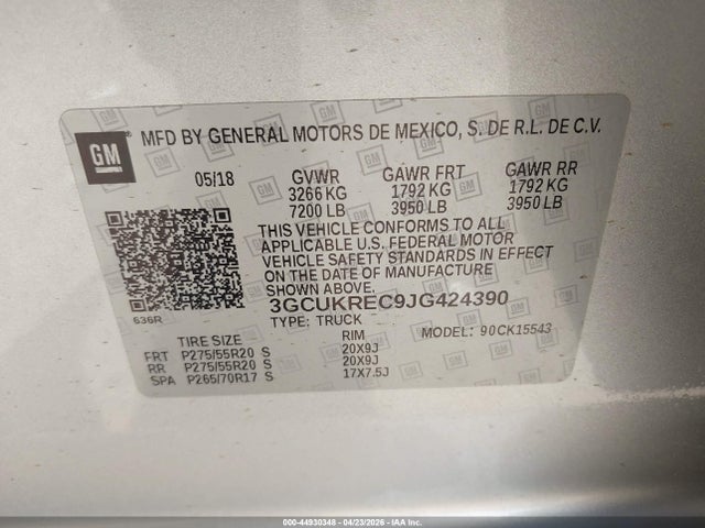 Aukcja sprzedaży 2018 Chevrolet Silverado 1500 2lt, vin: 3GCUKREC9JG424390, numer aukcji: 44930348