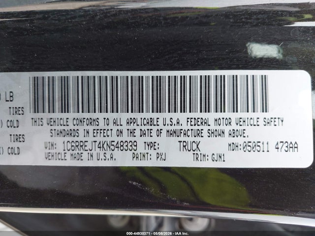 Продаж на аукціоні авто 2019 Ram 1500 Laramie  4x2 5'7 Box, vin: 1C6RREJT4KN548339, номер лоту: 44930371