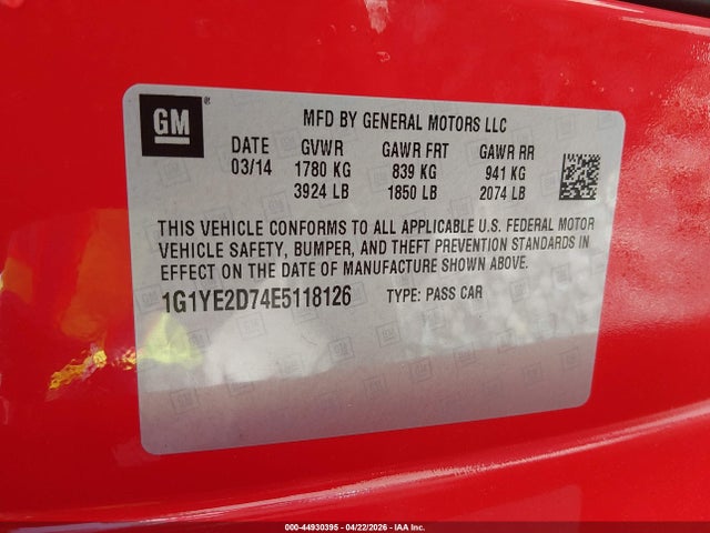 Продажа на аукционе авто 2014 Chevrolet Corvette Stingray, vin: 1G1YE2D74E5118126, номер лота: 44930395