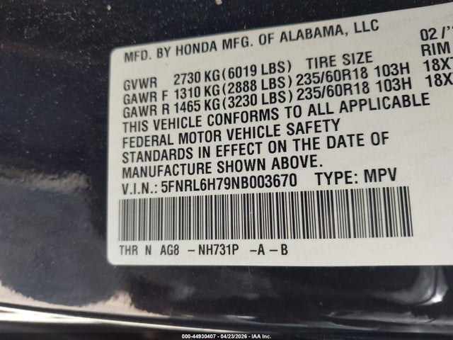 2022 Honda Odyssey Ex-l მანქანა იყიდება აუქციონზე, vin: 5FNRL6H79NB003670, აუქციონის ნომერი: 44930407