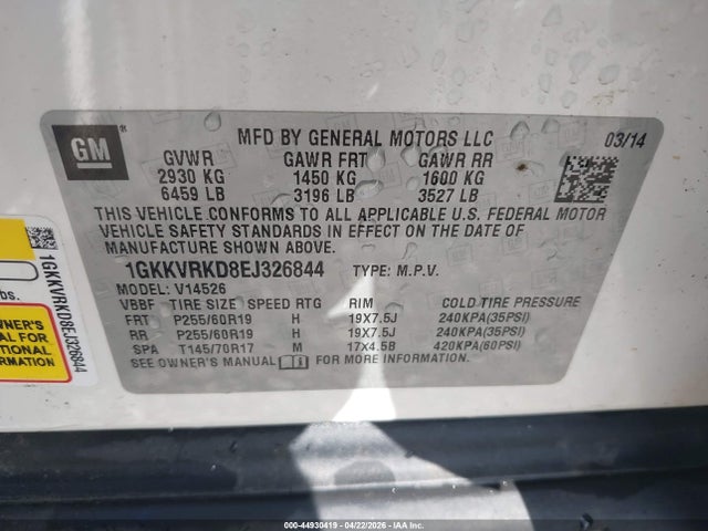 44930419 :رقم المزاد ، 1GKKVRKD8EJ326844 vin ، 2014 Gmc Acadia Slt-1 مزاد بيع