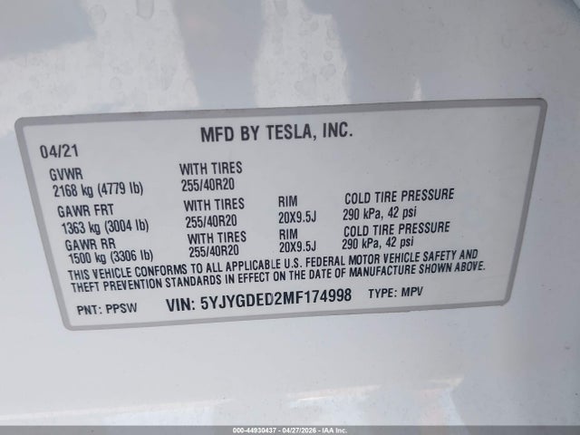 Продаж на аукціоні авто 2021 Tesla Model Y Standard Range Rear-wheel Drive, vin: 5YJYGDED2MF174998, номер лоту: 44930437