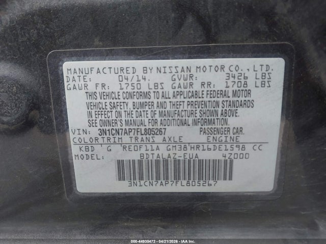 Nissan Versa 1.6 S+ 2015 3N1CN7AP7FL805267 Image 9