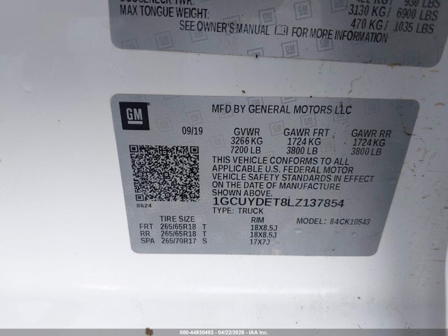Aukcja sprzedaży 2020 Chevrolet Silverado 1500 4wd  Short Bed Lt, vin: 1GCUYDET8LZ137854, numer aukcji: 44930493