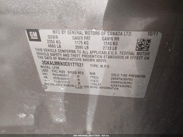 Aukcja sprzedaży 2012 Gmc Terrain Sle-1, vin: 2GKALMEK0C6177631, numer aukcji: 44930494