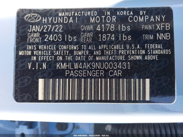 Aukcja sprzedaży 2022 Hyundai Elantra N, vin: KMHLW4AK9NU003431, numer aukcji: 44930504