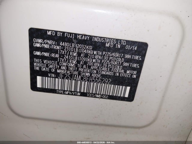 44930513 :رقم المزاد ، JF2SJAMC8EH556292 vin ، 2014 Subaru Forester 2.5i Touring مزاد بيع