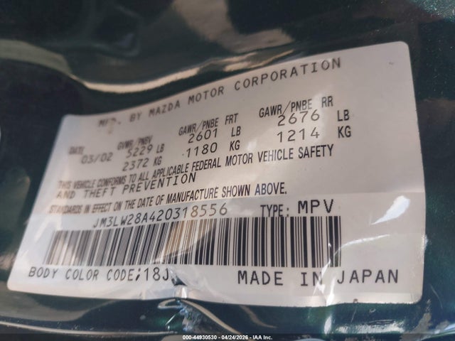 2002 Mazda Mpv Es/lx მანქანა იყიდება აუქციონზე, vin: JM3LW28A420318556, აუქციონის ნომერი: 44930530