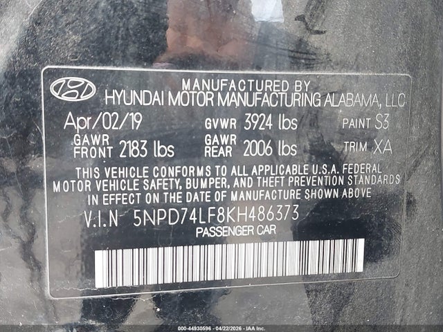 Aukcja sprzedaży 2019 Hyundai Elantra Se, vin: 5NPD74LF8KH486373, numer aukcji: 44930596