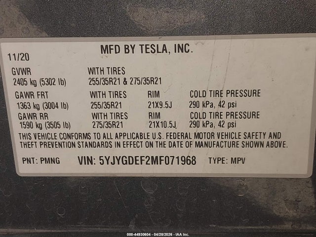 44930604 :رقم المزاد ، 5YJYGDEF2MF071968 vin ، 2021 Tesla Model Y Performance Dual Motor All-wheel Drive مزاد بيع