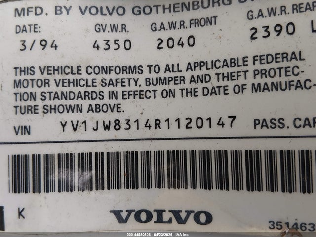 1994 Volvo 940 მანქანა იყიდება აუქციონზე, vin: YV1JW8314R1120147, აუქციონის ნომერი: 44930606