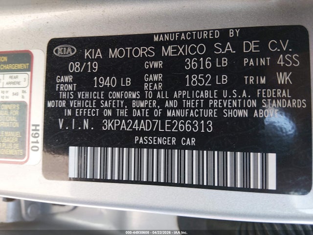 Aukcja sprzedaży 2020 Kia Rio Lx, vin: 3KPA24AD7LE266313, numer aukcji: 44930608