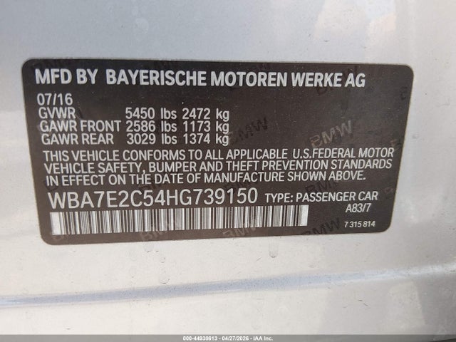 Aukcja sprzedaży 2017 Bmw 740i, vin: WBA7E2C54HG739150, numer aukcji: 44930613