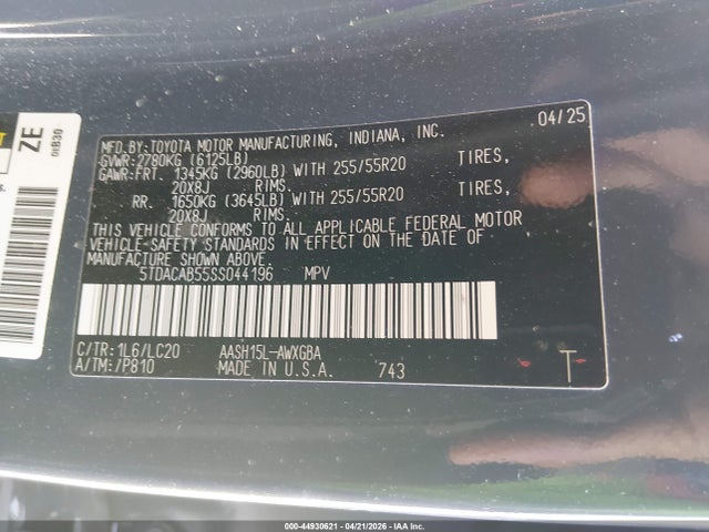 Aukcja sprzedaży 2025 Toyota Grand Highlander Hybrid Limited, vin: 5TDACAB55SS044196, numer aukcji: 44930621