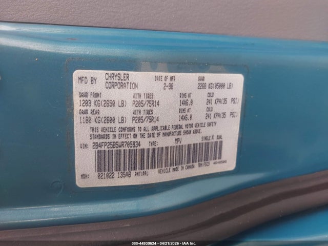 44930624 :رقم المزاد ، 2B4FP25B5WR705934 vin ، 1998 Dodge Caravan مزاد بيع