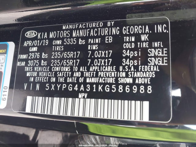Aukcja sprzedaży 2019 Kia Sorento 2.4l L, vin: 5XYPG4A31KG586988, numer aukcji: 44930635
