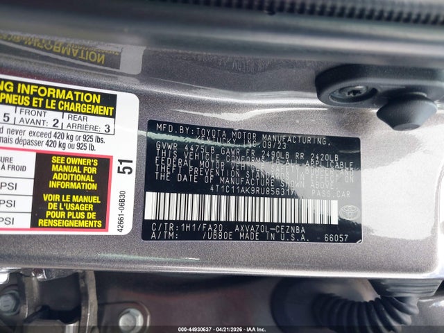 44930637 :رقم المزاد ، 4T1C11AK9RU856317 vin ، 2024 Toyota Camry Le مزاد بيع