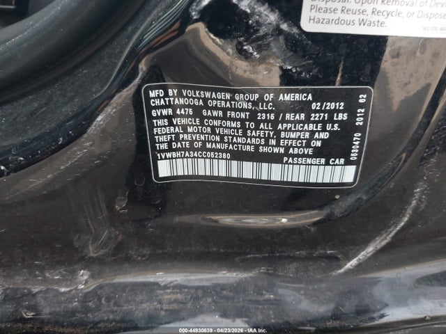 44930639 :رقم المزاد ، 1VWBH7A34CC052380 vin ، 2012 Volkswagen Passat 2.5l Se مزاد بيع