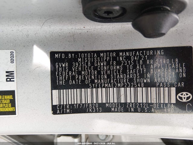 5YFEPMAE2MP232548 Toyota COROLLA LE