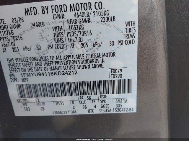 Aukcja sprzedaży 2006 Ford Escape Limited, vin: 1FMYU94116KD24212, numer aukcji: 44930648