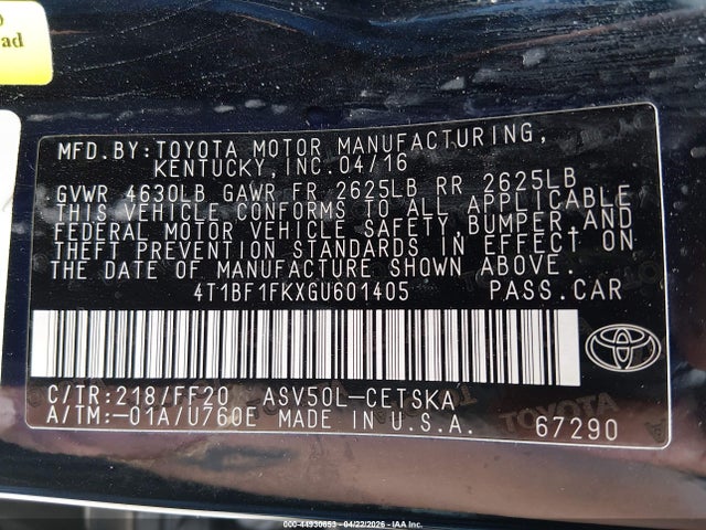 Aukcja sprzedaży 2016 Toyota Camry Se, vin: 4T1BF1FKXGU601405, numer aukcji: 44930653