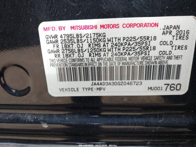Aukcja sprzedaży 2016 Mitsubishi Outlander Sel, vin: JA4AD3A30GZ046723, numer aukcji: 44930658