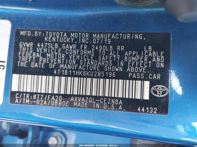 Продажа на аукционе авто 2019 Toyota Camry Le, vin: 4T1B11HK6KU285196, номер лота: 44930659